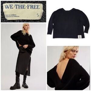 Free People We the Free Still a Fan Pullover Deep V-Back Sweater in Black Sz Sm